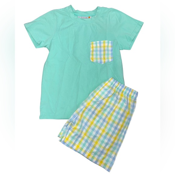 Other - Kids Mint Green Pajama Set with Plaid Pocket and Shorts